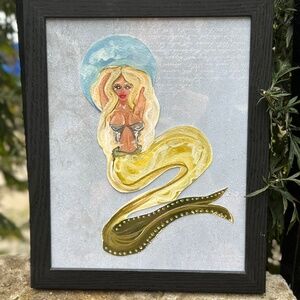 Original Mermaid Watercolor Painting on Canvas Paper Framed 9" X 11" Temperance